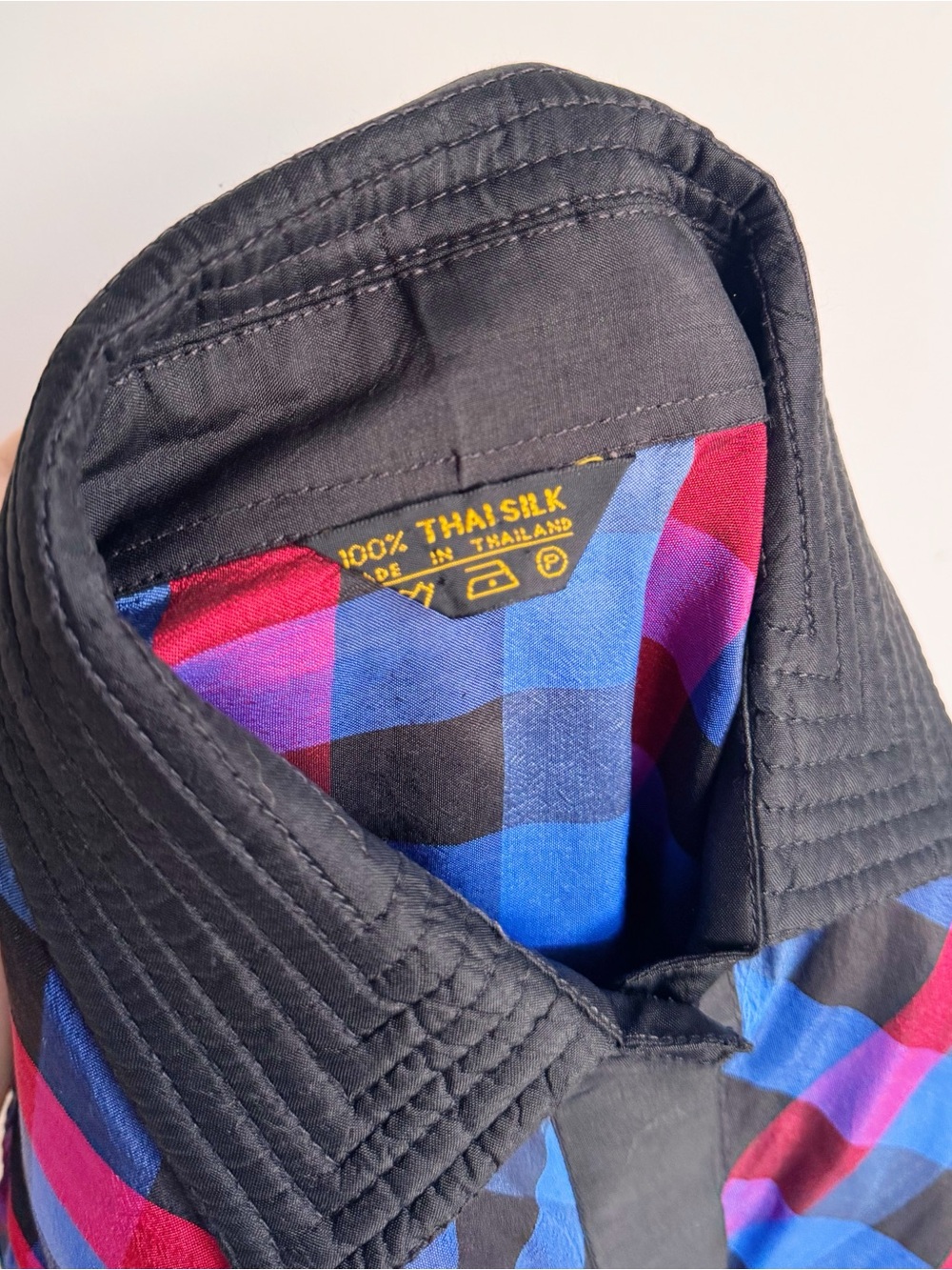 Vintage 100% Thai Silk Plaid Blouse | Jewel Tone Puff Sleeve Button Front | 12 - Picture 10 of 10